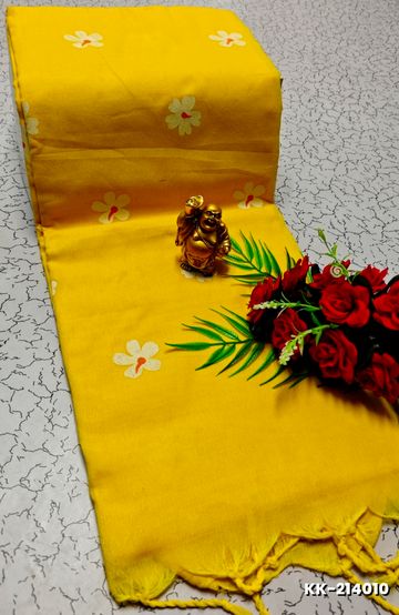 Handloom Khadi Cotton Saree With Hand Painted  Work - YELLOW