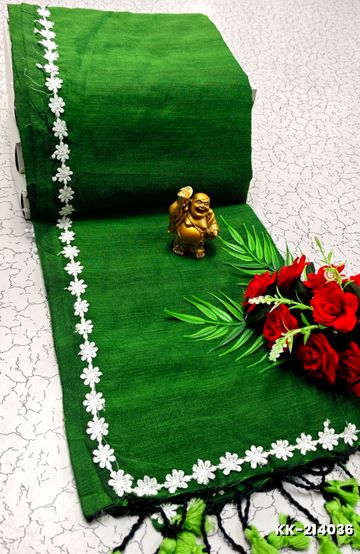 Handloom Khadi Cotton Saree With Hand Painted  Work - BOTTLE GREEN