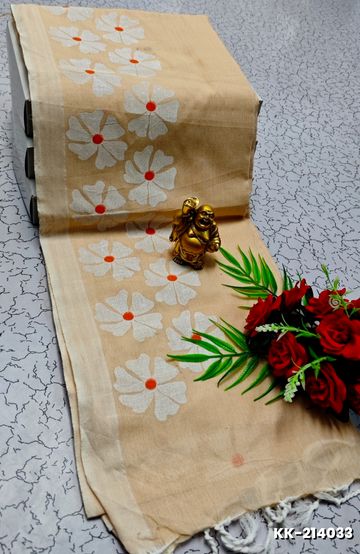 Handloom Khadi Cotton Saree With Hand Painted  Work - CREAM
