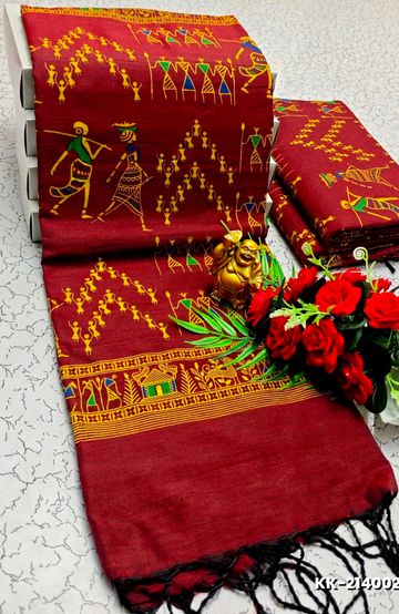 Handloom Khadi Cotton Saree With Hand Painted  Work - MERUN