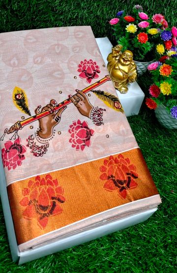 TRENDING KERALA SPECIAL FULL WORK EMBOSSED DIGITAL PRINTING TISSUE SAREE COLLECTIONS - CREAM (2)