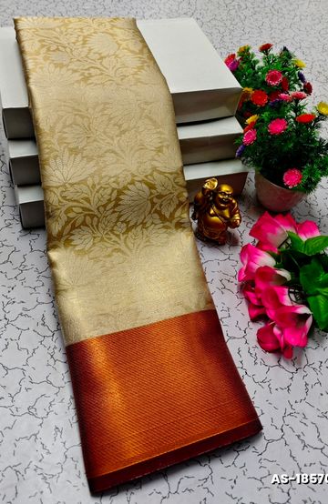 TRENDING KERALA SPECIAL FULL WORK EMBOSSED DIGITAL PRINTING TISSUE SAREE COLLECTIONS - IVORY COLOUR (34)