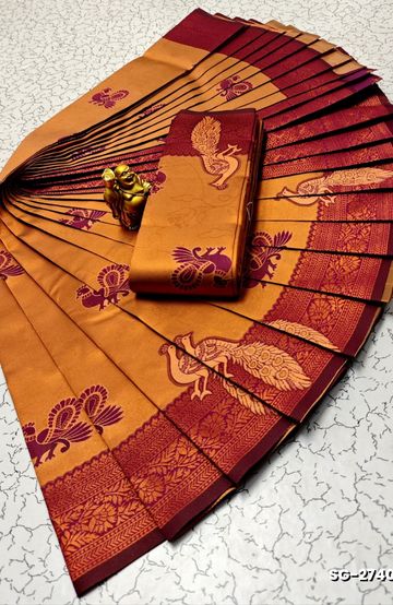 DIGITAL PRINTING DOLA SILK COTTON SAREES - ORANGE