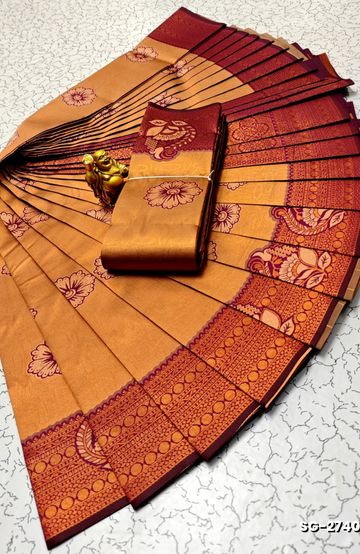 Traditional Checked Silk Saree Premium Design Border Zari Design - SANDLE