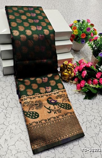 BRIDAL SILK GOLD SILVAR AND COPPER ZARI WEAVE AND WEDDING ART SILK SAREES - SKY BLUE