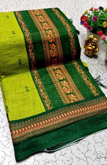 Fancy print office wear cotton sarees all over body flower design pattern  premium look lightweight comfortable wear - DARK GREEN