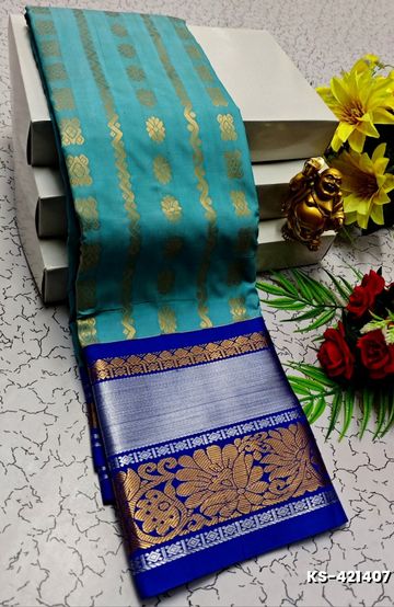 BANARASI POCHAMPALLY ALL OVER BODY SILVAR ZARI BUTTA DESIGN   FUNCTION WEAR SOFT SILK SAREES - BLUE SHADE