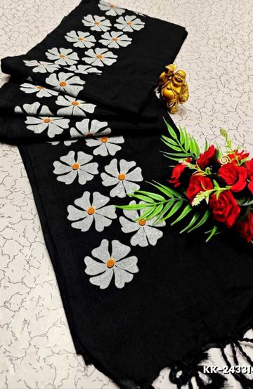Handloom Khadi Cotton Saree With Hand Painted  Work - BLACK