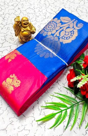 Premium monika cotton silk saree rapier fancy light weight silk type sarees flower design function wear - R BLUE
