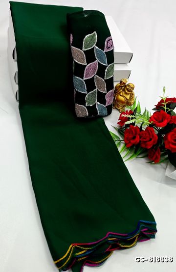 GEORGETTE FANCY SOFT SILK SAREES WITH BLOUSE MODERN FANCY ITEM SAREES - DARK GREEN (1)