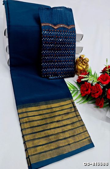 GEORGETTE FANCY SOFT SILK SAREES WITH BLOUSE MODERN FANCY  SAREES - PEACKOK BLUE