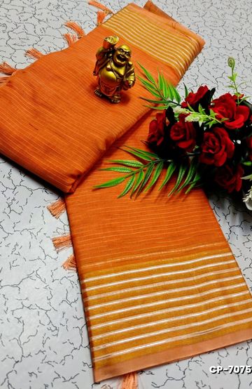 FANCY PLAIN COTTON  SOFT SILK SAREES - LIGHT ORANGE