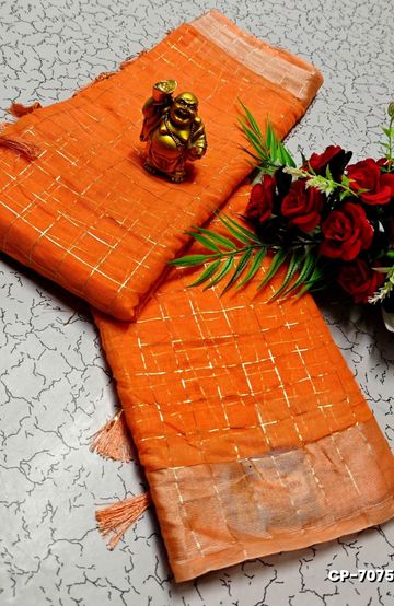 FANCY PLAIN COTTON  SOFT SILK SAREES - ORANGE