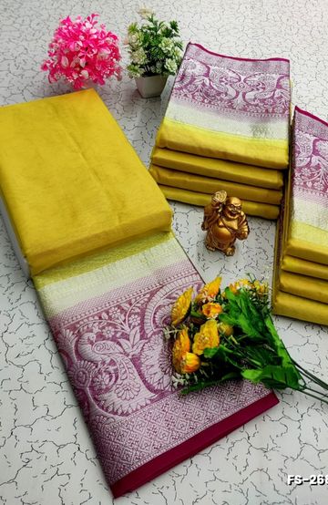FANCY SILVAR ZARI PLAIN  SOFT SILK SAREES - YELLOW