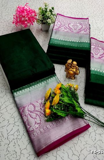 FANCY SILVAR ZARI PLAIN  SOFT SILK SAREES - BOTTLE GREEN