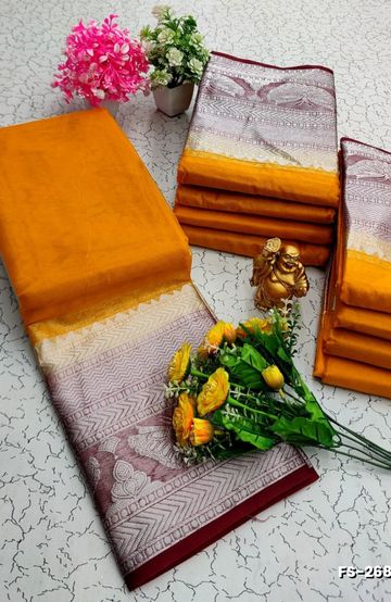 FANCY SILVAR ZARI PLAIN  SOFT SILK SAREES - YELLOW COLOR