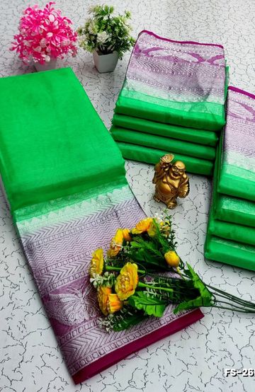 FANCY SILVAR ZARI PLAIN  SOFT SILK SAREES - EMERALD COLOUR