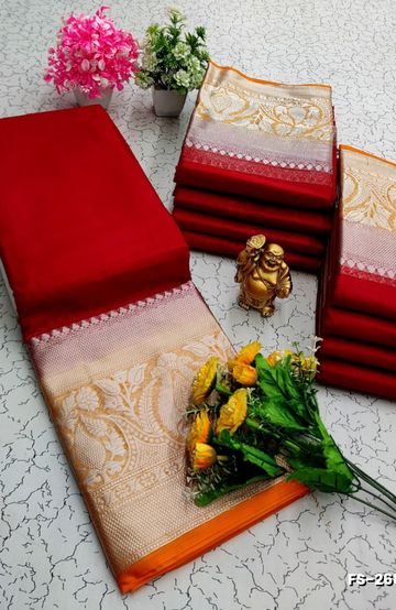 FANCY SILVAR ZARI PLAIN  SOFT SILK SAREES - RED