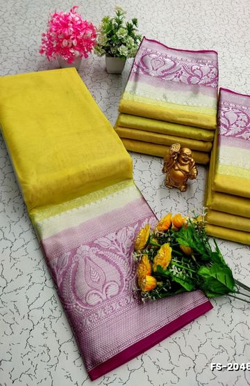 Luxurious heavy work blouse fabric with floral goldwork jaal border - YELLOW