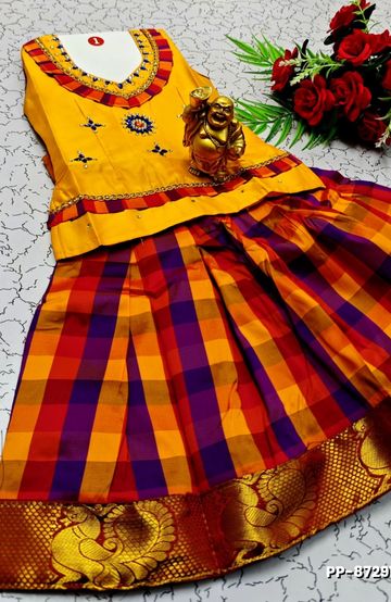 FESTIVAL AND FUNCTION WEAR TRADITIONAL KIDS PATTU PAVADAI STONE WORK DESIGN  - FLORAISON GREEN