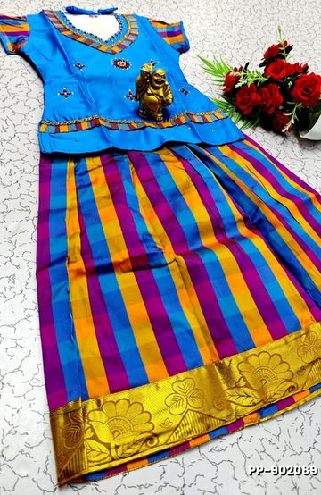 KIDS TRENDY WEAR PATTU PAVADAI SET - BLUE COLOUR