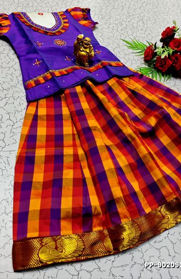 KIDS TRENDY WEAR PATTU PAVADAI SET - BRINJAL COLOUR