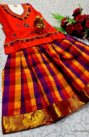 KIDS TRENDY WEAR PATTU PAVADAI SET - ORANGE (2)