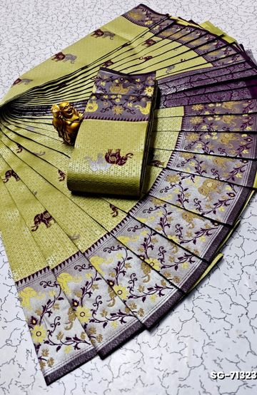 BRIDAL SILK GOLD SILVAR AND COPPER ZARI WEAVE AND WEDDING ART SILK SAREES - LIGHT GREEN SHADE (1)