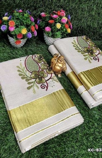 Luxurious heavy work blouse fabric with floral goldwork jaal border - REXONA (5)