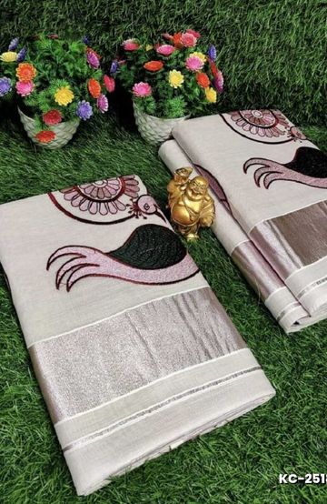 TRENDING KERALA SPECIAL FULL WORK EMBOSSED DIGITAL PRINTING TISSUE SAREE COLLECTIONS - IVORY COLOUR (2)