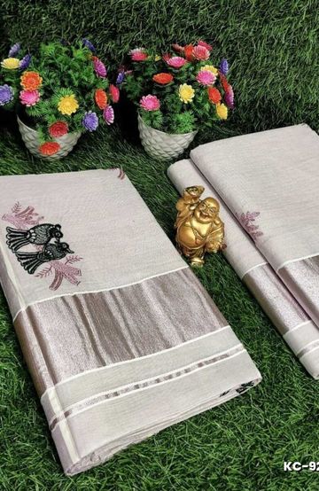 TRENDING KERALA SPECIAL FULL WORK EMBOSSED DIGITAL PRINTING TISSUE SAREE COLLECTIONS - IVORY COLOUR (4)
