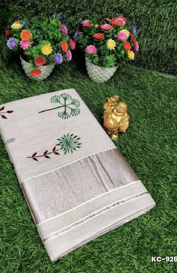 TRENDING KERALA SPECIAL FULL WORK EMBOSSED DIGITAL PRINTING TISSUE SAREE COLLECTIONS - WHITE (18)