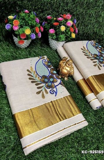 TRENDING KERALA SPECIAL FULL WORK EMBOSSED DIGITAL PRINTING TISSUE SAREE COLLECTIONS - BEIGE COLOUR (5)