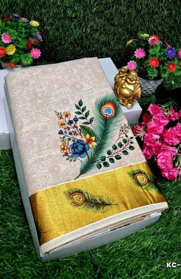 TRENDING KERALA SPECIAL FULL WORK EMBOSSED DIGITAL PRINTING TISSUE SAREE COLLECTIONS - BEIGE COLOUR (13)