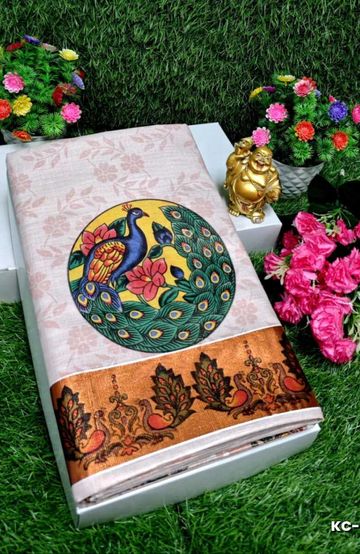 TRENDING KERALA SPECIAL FULL WORK EMBOSSED DIGITAL PRINTING TISSUE SAREE COLLECTIONS - WHITE (26)