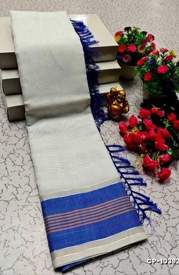 FANCY PLAIN COTTON SOFT SILK SAREES - WHITE (1)