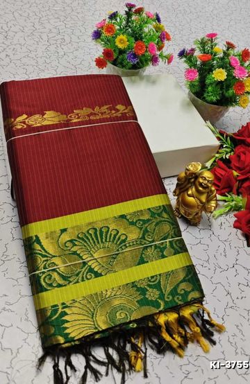 Lightweight Plain Cotton Saree with Retta Petta Zari Border - LITE GREEN