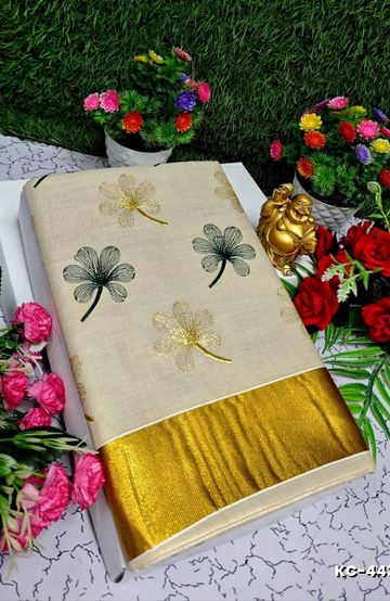 Luxurious heavy work blouse fabric with floral goldwork jaal border - BLUE SHADE (2)