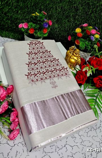 TRENDING KERALA SPECIAL FULL WORK EMBOSSED DIGITAL PRINTING TISSUE SAREE COLLECTIONS - BEIGE COLOUR (18)
