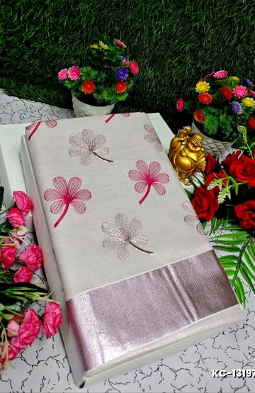 TRENDING KERALA SPECIAL FULL WORK EMBOSSED DIGITAL PRINTING TISSUE SAREE COLLECTIONS - IVORY COLOUR (17)