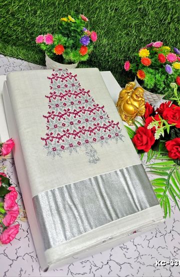 TRENDING KERALA SPECIAL FULL WORK EMBOSSED DIGITAL PRINTING TISSUE SAREE COLLECTIONS - BEIGE COLOUR (19)