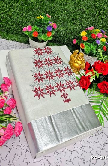 TRENDING KERALA SPECIAL FULL WORK EMBOSSED DIGITAL PRINTING TISSUE SAREE COLLECTIONS - WHITE (33)