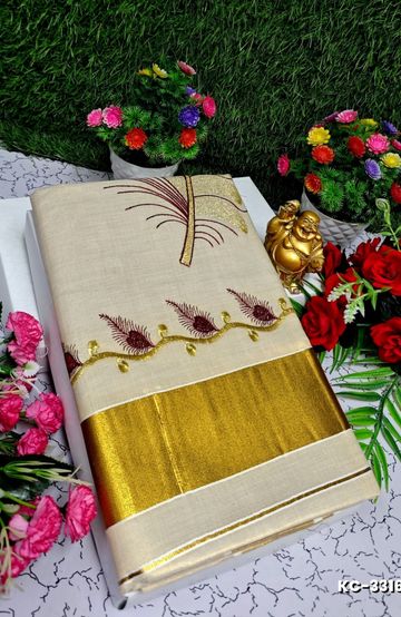 TRENDING KERALA SPECIAL FULL WORK EMBOSSED DIGITAL PRINTING TISSUE SAREE COLLECTIONS - GOLD (2)