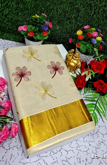 TRENDING KERALA SPECIAL FULL WORK EMBOSSED DIGITAL PRINTING TISSUE SAREE COLLECTIONS - GOLD (3)