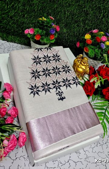 TRENDING KERALA SPECIAL FULL WORK EMBOSSED DIGITAL PRINTING TISSUE SAREE COLLECTIONS - IVORY COLOUR (21)