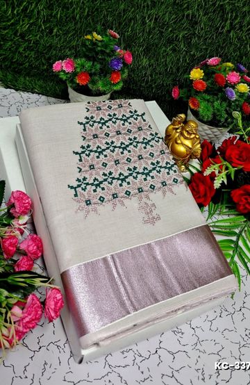 TRENDING KERALA SPECIAL FULL WORK EMBOSSED DIGITAL PRINTING TISSUE SAREE COLLECTIONS - BEIGE COLOUR (22)