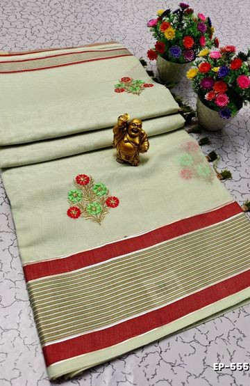 DIGITAL EMBROIDERY PRINTING COTTON SAREES - CREAM (2)