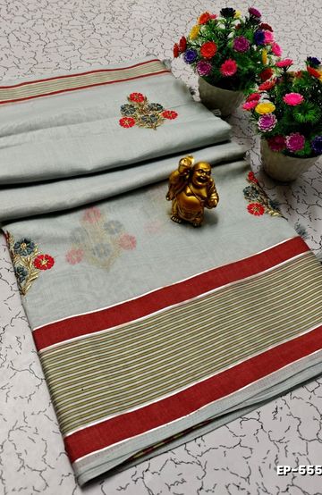 DIGITAL EMBROIDERY PRINTING COTTON SAREES - LIGHT SKY BLUE