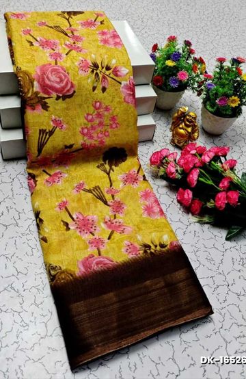 DIGITAL PRINTING DOLA SILK COTTON SAREES - YELLOW COLOR