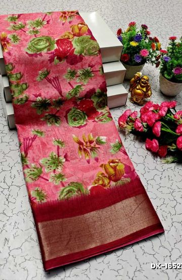 DIGITAL PRINTING DOLA SILK COTTON SAREES - CORAL COLOUR
